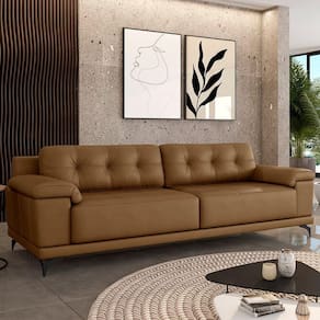 Sofá Living 4 Lugares 272cm Agostino Pés Design Em Ferro Couro Caramelo G52 - Gran Belo