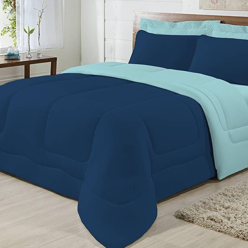 Edredom Dupla Face 100% Algodão Malha Solteiro Gran Moratta 01 Peça - Azul-marinho