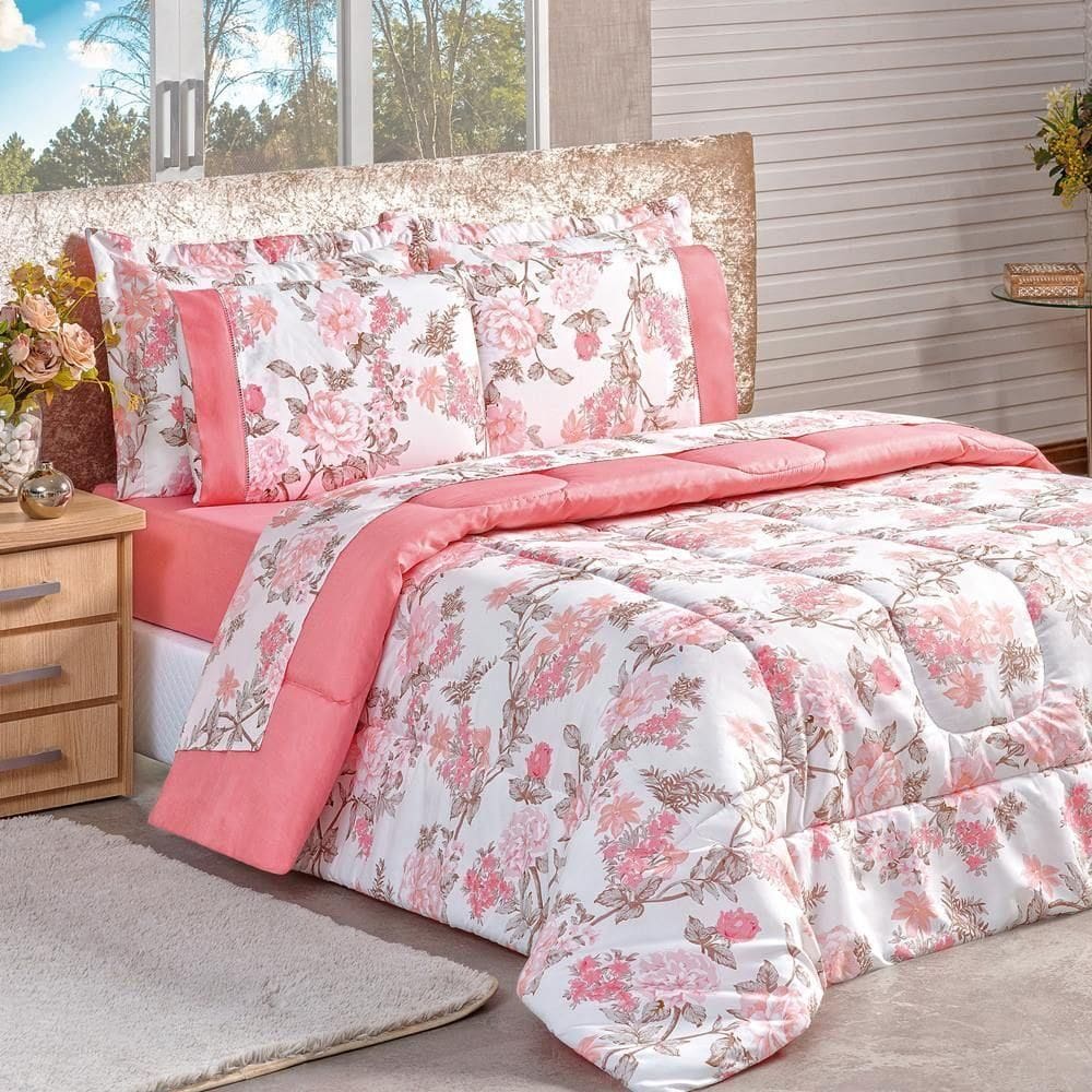 Kit Edredom 2,60 X 2,40m + Jogo De Lençol Queen Naturale 6 Peças - Serene