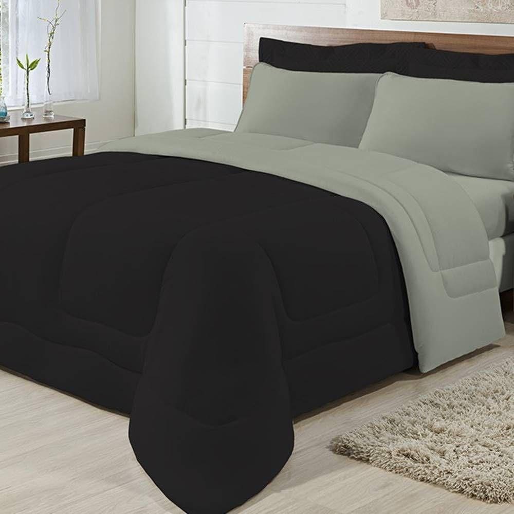 Edredom Dupla Face 100% Algodão Malha Solteiro Gran Moratta 01 Peça - Preto- Cinza