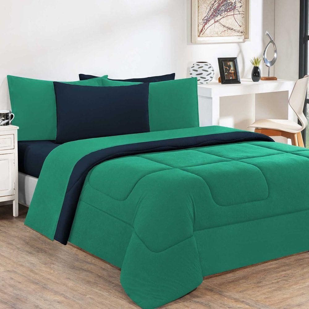 Edredom Malha 100% Algodão Gran Moratta 1 Peça Solteiro - Verde Jade-azul Marinho