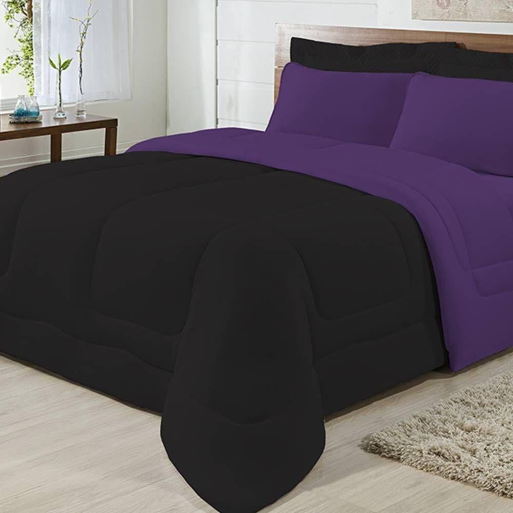 Edredom Dupla Face 100% Algodão Malha King Gran Moratta 01 Peça - Preto- Roxo