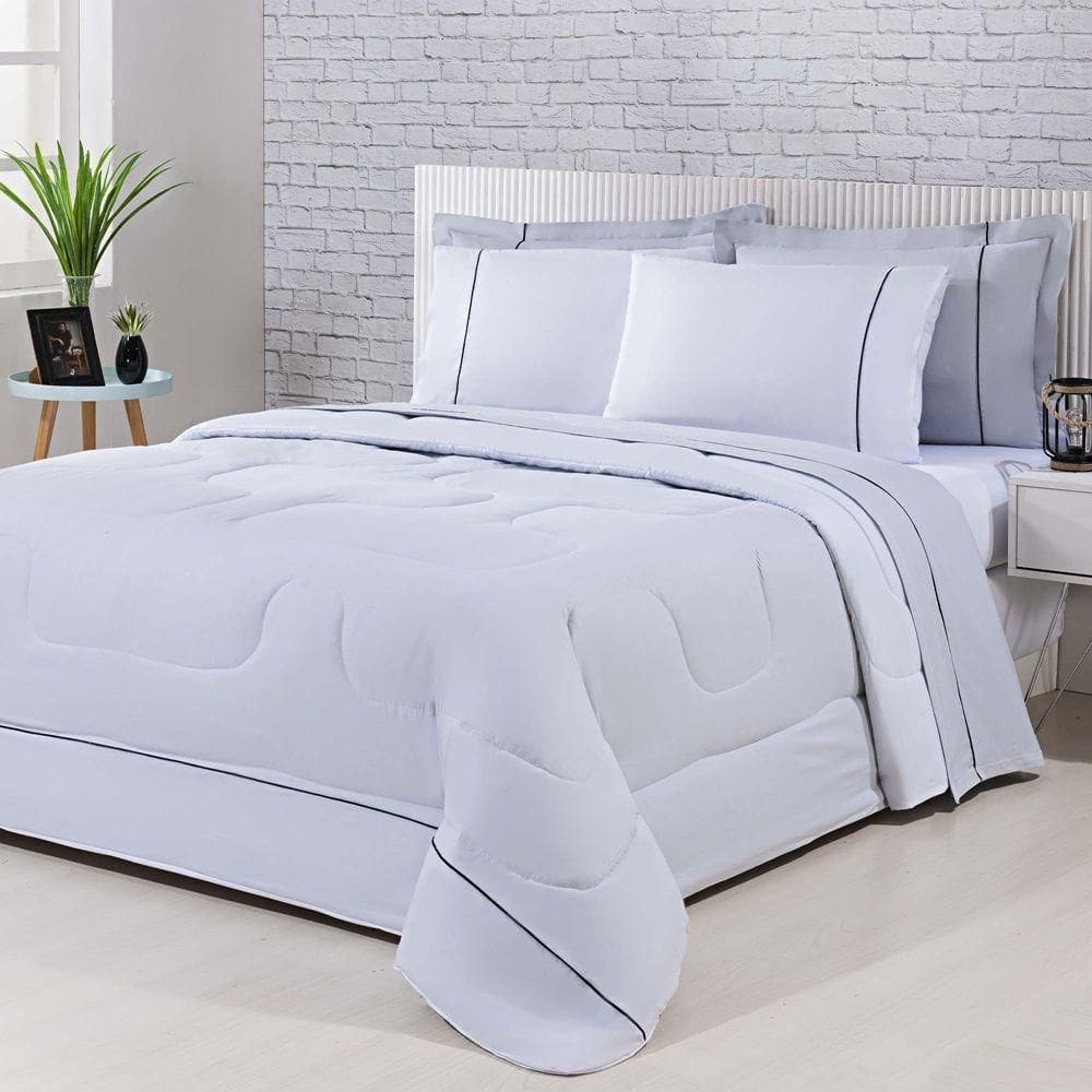 Kit Edredom 100% Algodão Percal 150 Fios Dupla Face Solteiro Jogo De Cama 5 Peças - Cinza-branco