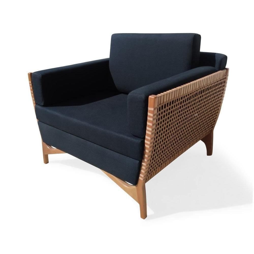 Poltrona Com Braço Cutiê Algodão Impermeável Azul Madeira Cedro Corda Fita Poliéster