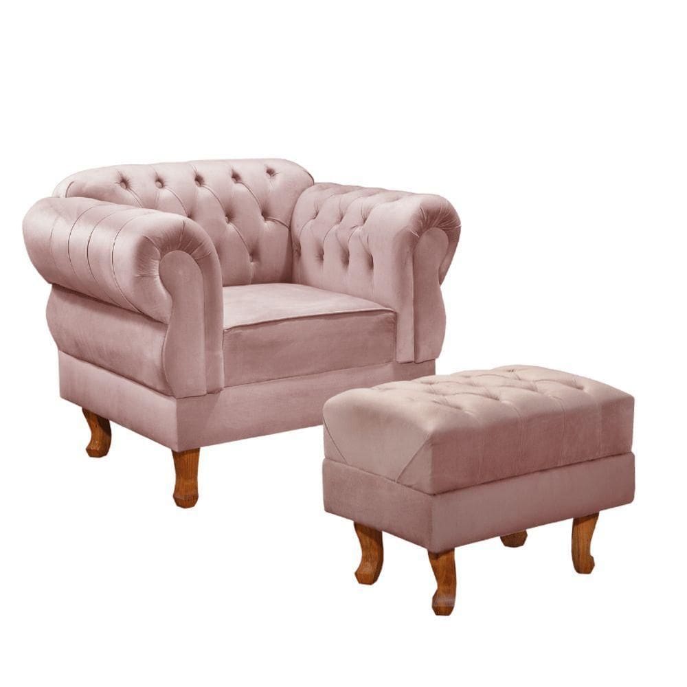 Conjunto Poltrona E Puff Chesterfield Elisabeth Encanto Veludo Rosa