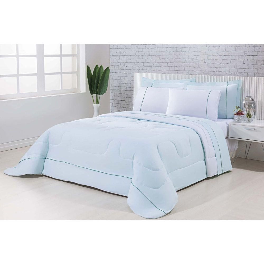 Kit Edredom 100% Algodão Percal 150 Fios Dupla Face CasalJogo De Cama 7 Peças - Verde-branco
