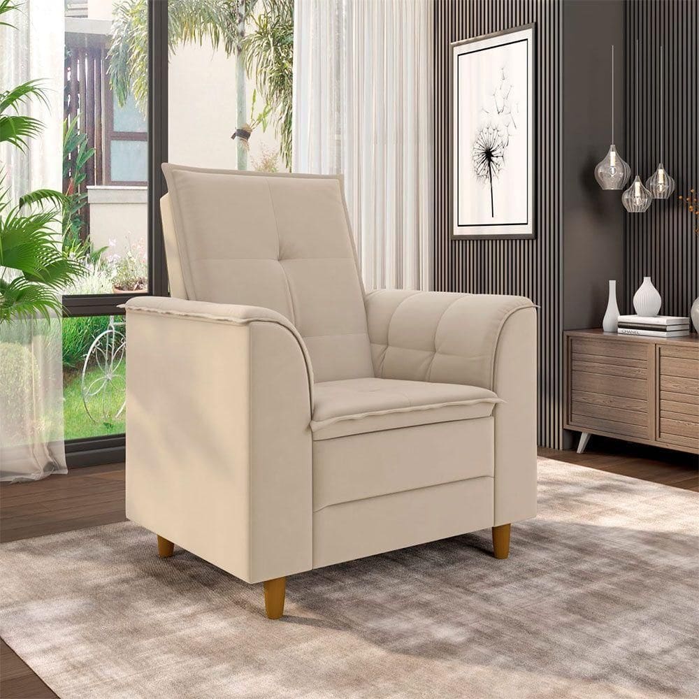 Poltrona Para Sala Confortável Decorativa Laura Linho Bege