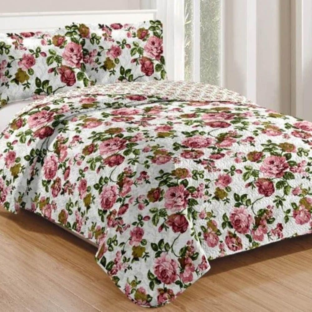 Kit Cobre Leito Colcha Daily Queen 3 Peças Dupla Face Estampado - Floral 48 - 100% Poliéster