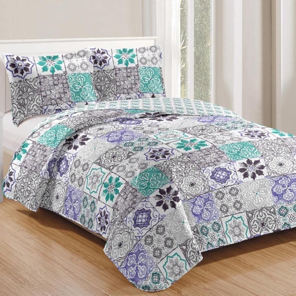 Kit Cobre Leito Colcha Daily Queen 3 Peças Dupla Face Estampado Floral - Floral 26 - 100% Poliéster