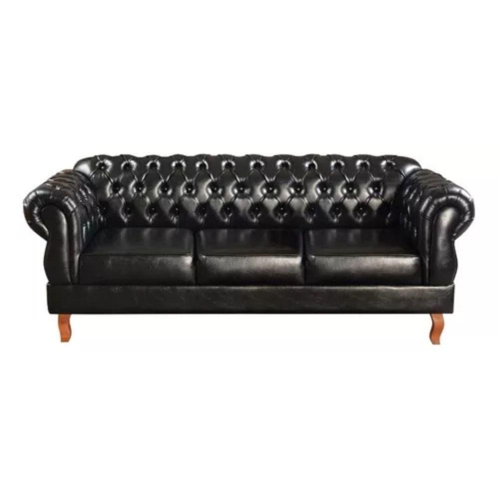 Sofá Chesterfield 3 Lugares Duquesa Vintage Retrô Capitonê Couro Preto