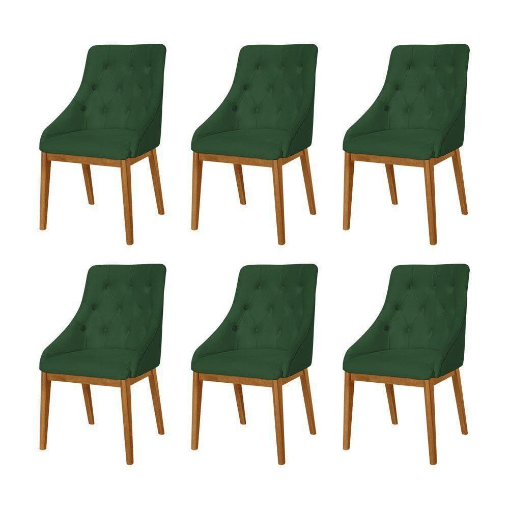 Kit 6 Cadeiras De Jantar Luxo Estofada Elisa Anatômica Capitonê Veludo Verde Base Madeira Maciça Mel