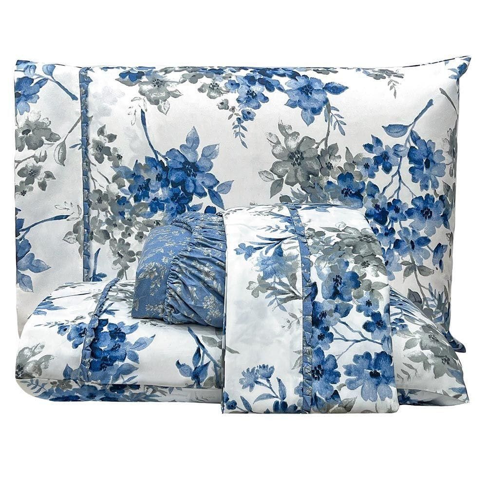 Jogo De Lençol Lislie Queen 4 Peças Micropercal 300 Fios Estampado Floral - Azul Flores - 100% Poliéster