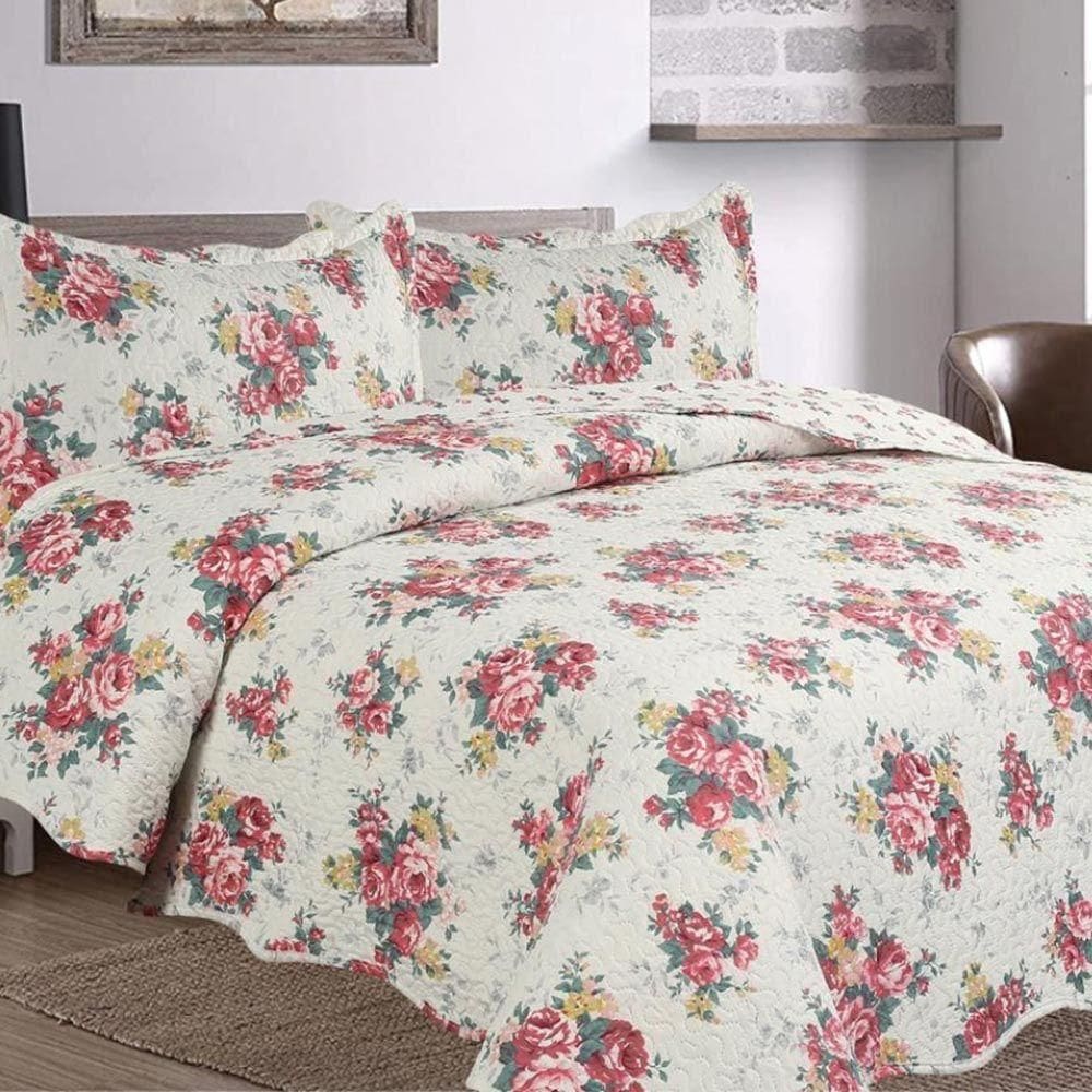 Kit Cobre Leito Colcha Daily Queen 3 Peças Dupla Face Estampado - Floral 36 - 100% Poliéster