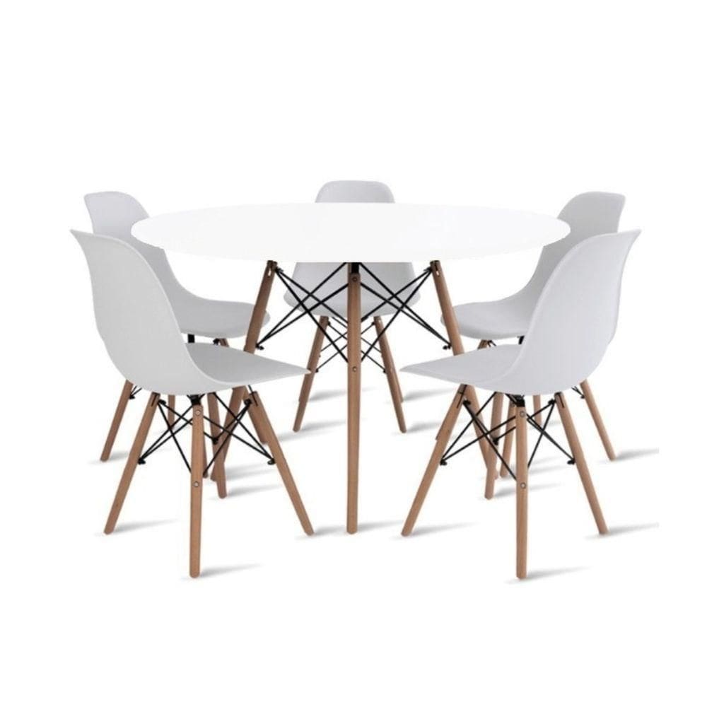 Conjunto De Mesa De Jantar Eames Eiffel Redonda 110cm Tampo De Madeira Branco Com 5 Cadeiras Brancas