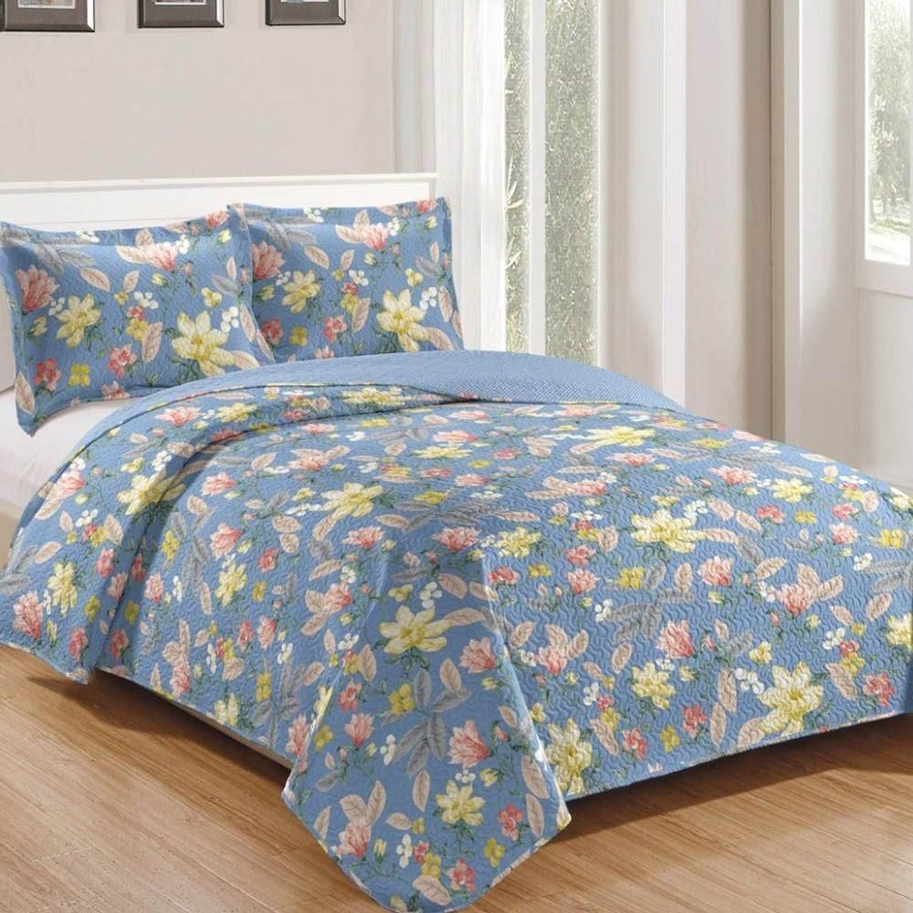 Kit Cobre Leito Colcha Daily King 3 Peças Dupla Face Estampado - Floral 22 - 100% Poliéster