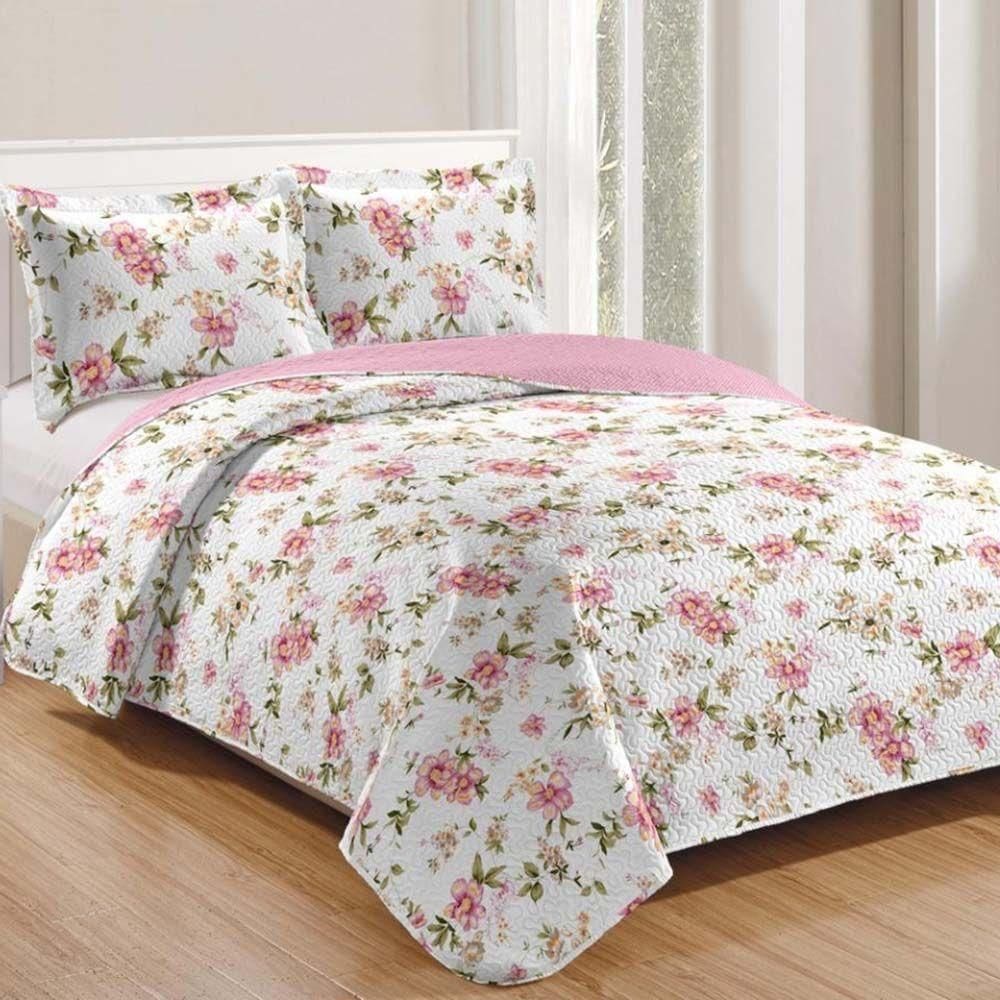 Kit Cobre Leito Colcha Daily Queen 3 Peças Dupla Face Estampado Floral - Floral 19 - 100% Poliéster
