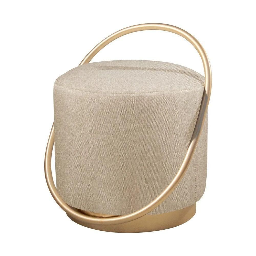 Puff Redondo Lunar Em Linho E Base Metal Dourado Linho Bege Claro