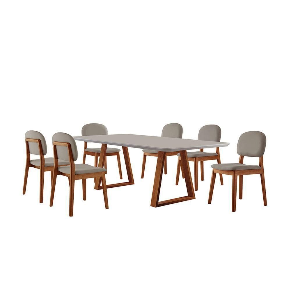 Conjunto Sala De Jantar Mesa Viena 160x90cm Tampo Retângular Vidro-mdf Off White Com 6 Cadeiras évora Linho Cinza