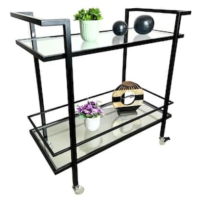 Carrinho Decorativo Multiuso Industrial Preto Com 2 Prateleiras Em Vidro Incolor