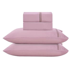 Jogo De Lençol Anahi King 4 Peças Micropercal 300 Fios Detalhe Minimal Ponto Palito - Malva