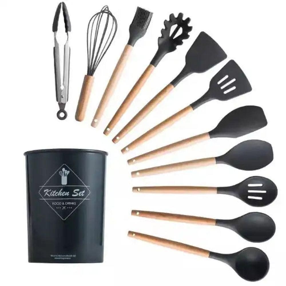 Kit 65046preto 12 Conjunto Utensílios Silicone Colher Preto 65046