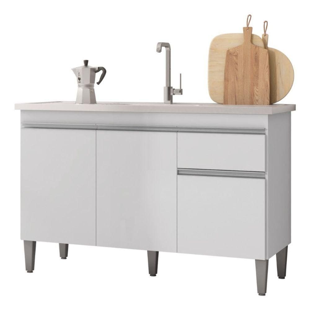 Balcão Gabinete Multiuso Tatiane 120cm 3 Portas E 1 Gaveta S-tampo - Ajl Móveis Branco