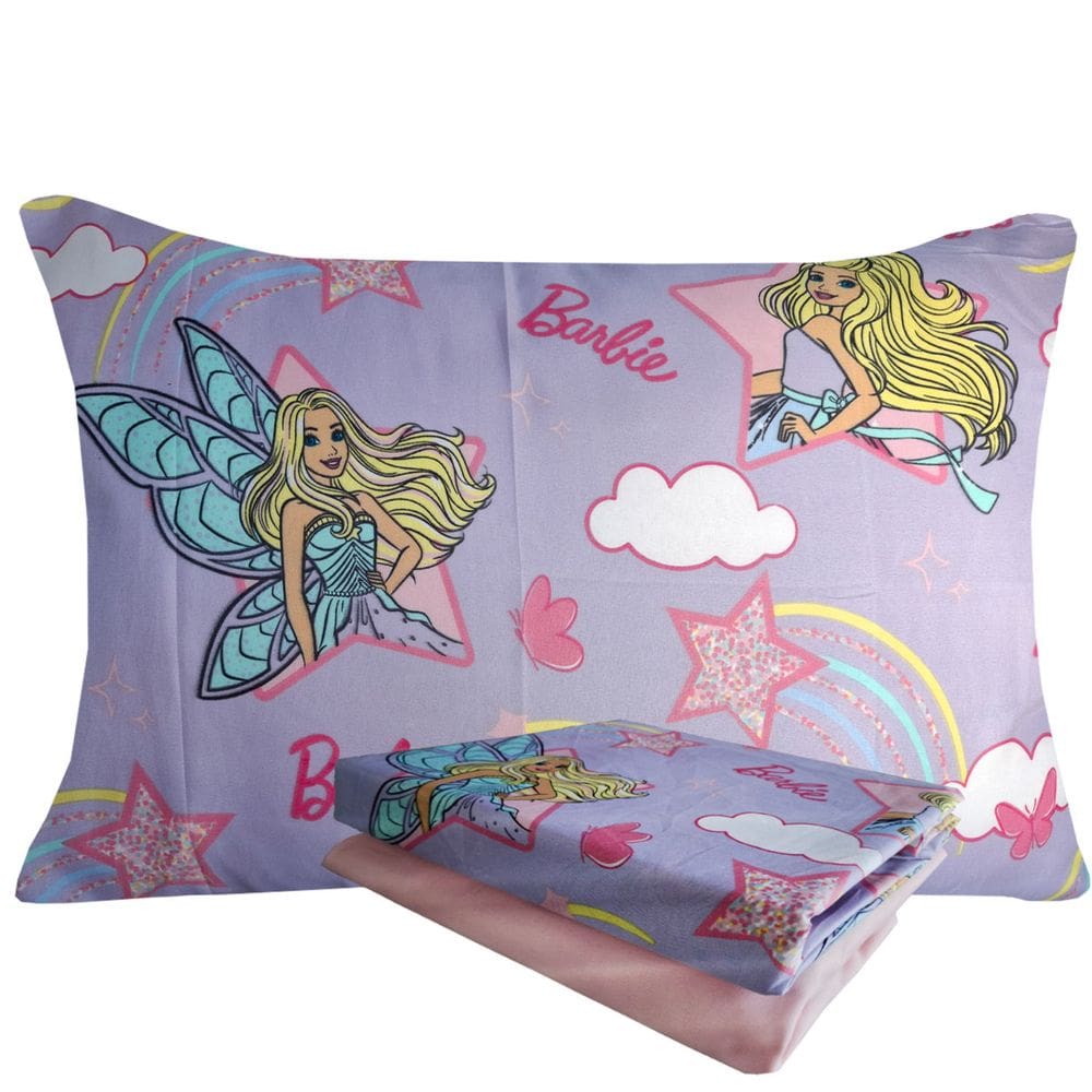 Jogo de Cama Infantil Barbie Microfibra Solteiro Estampado 1,40 m x 2,20 m Com 3 pecas Lepper