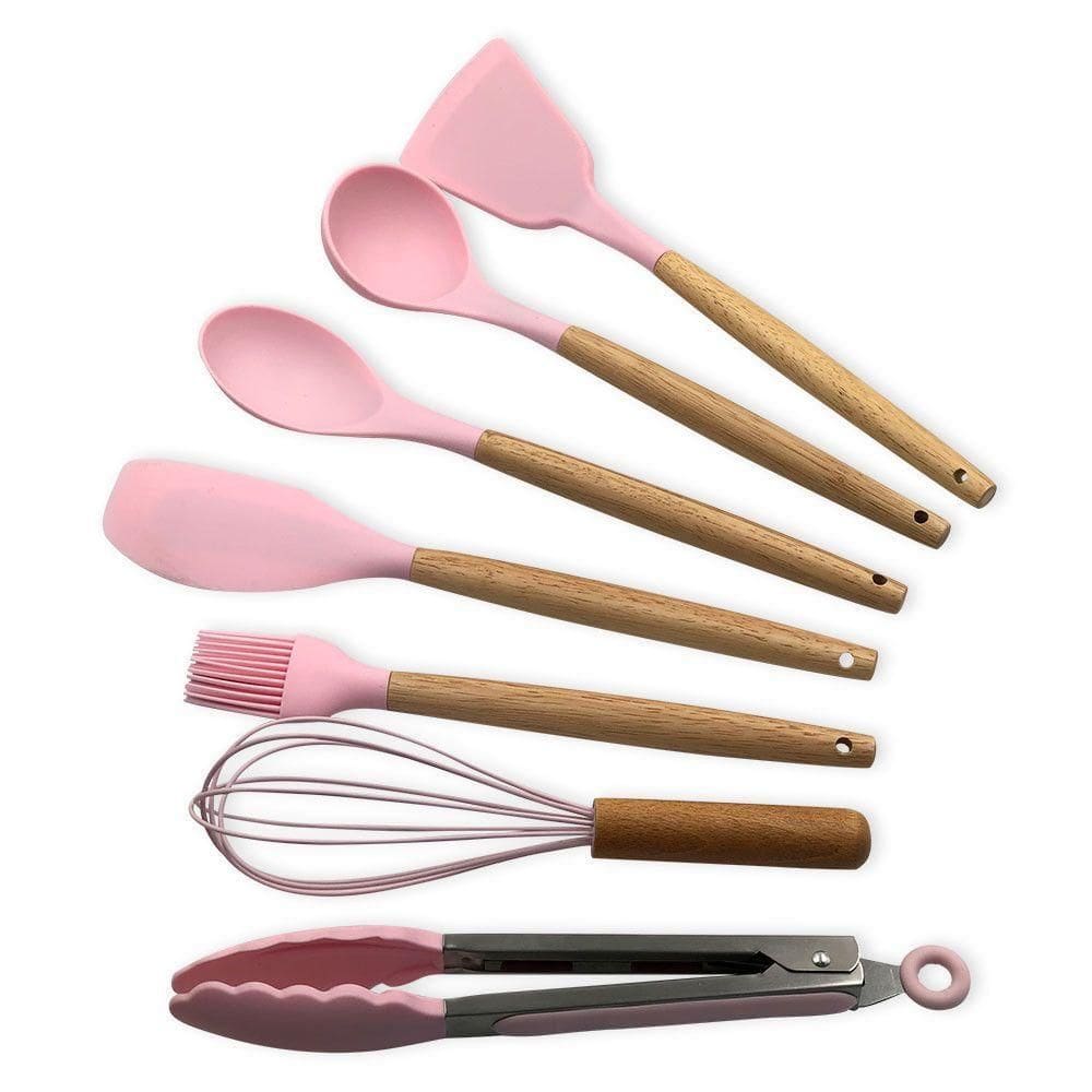 Conjunto Premium De Utensílios De Silicone 8 Peças Rosa