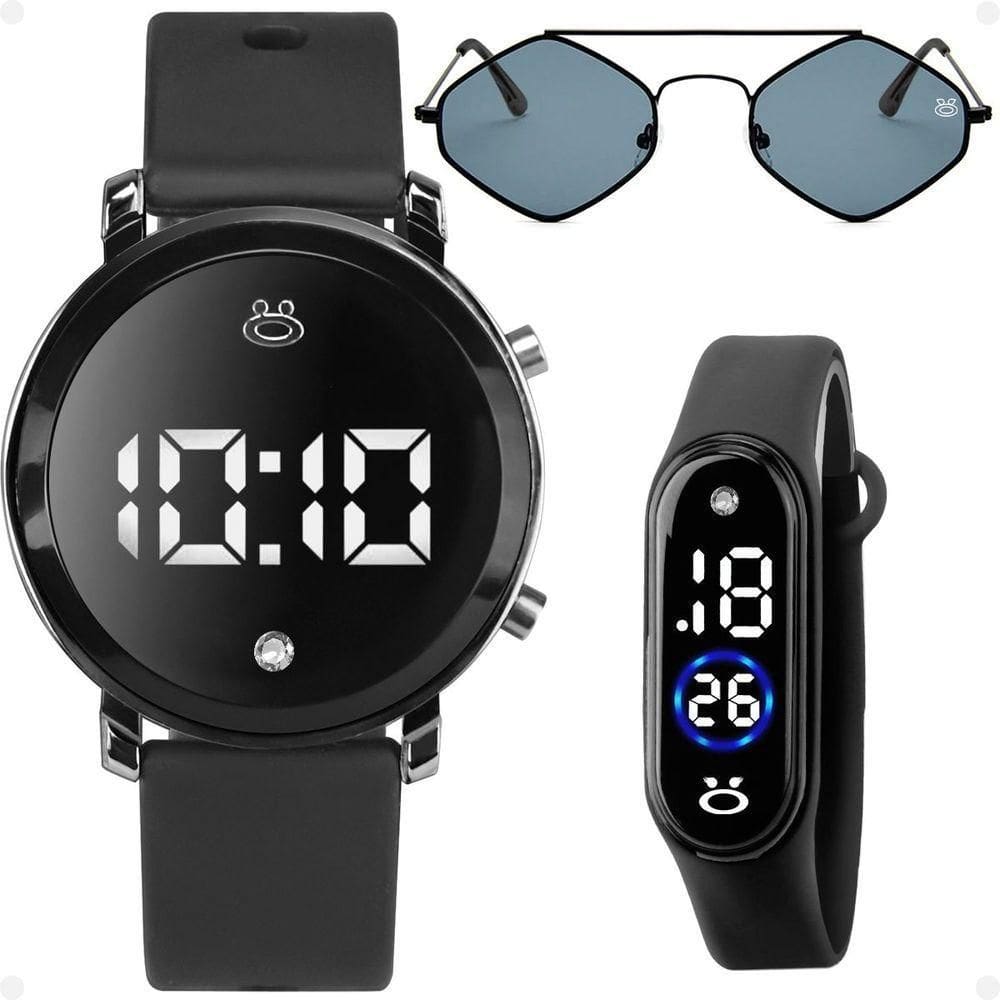 Relogio Preto Led Feminino + Oculos Sol + Bracelete Digital Presente Inoxidável Losango Proteção Uv