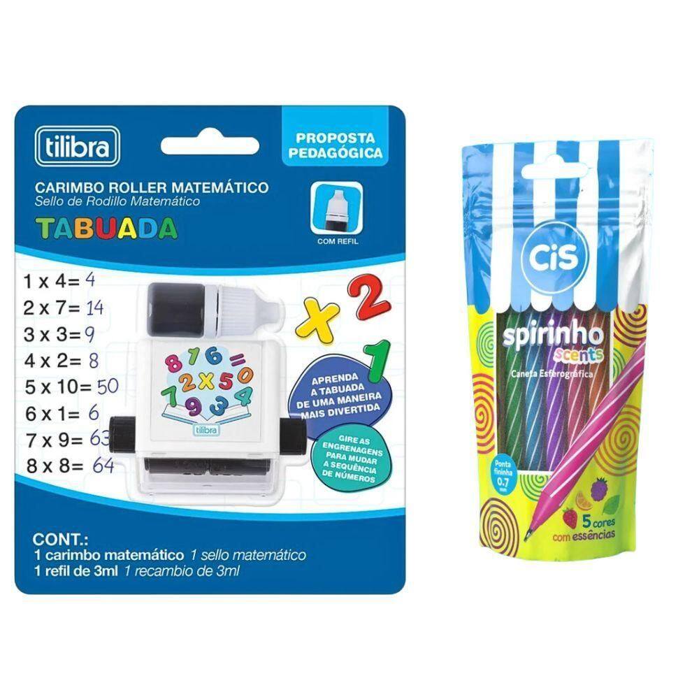 Kit Caneta Spirinho Scents 5 Cores + Carimbo Roller Matemático Tabuada
