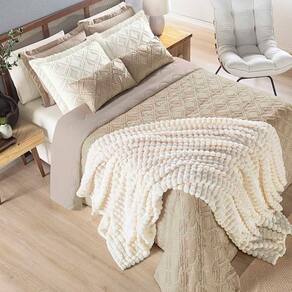 Coordenado Cobre Leito E Cobertor Tok Max Queen Ultrasoft Alto Relevo Dupla Face - Cáqui