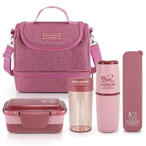 Bolsa Térmica Com 2 Compartimentos Pote Marmita e Garrafa Porta Talher e Porta Escova Rosa