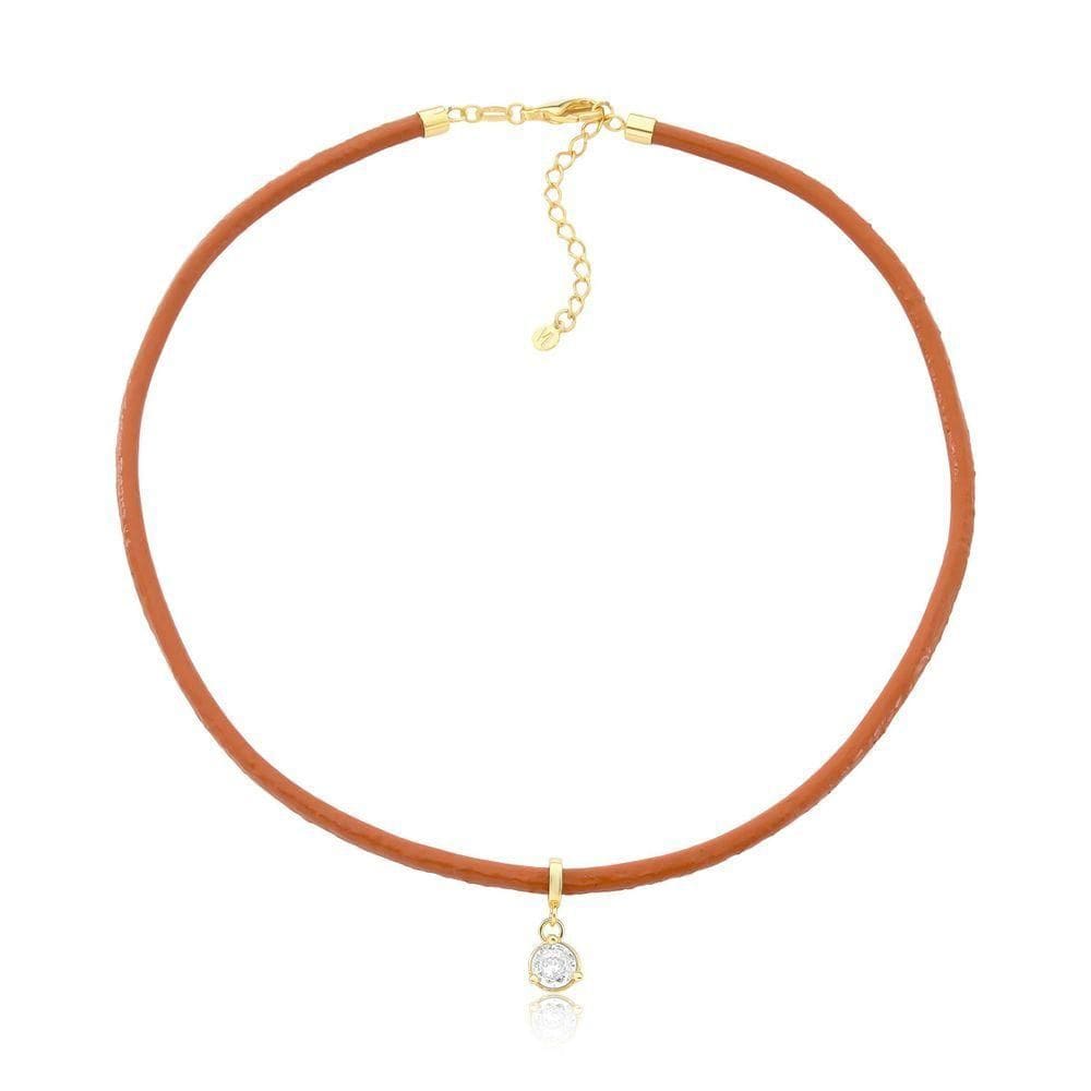 Colar De Couro Natural Caramelo Com Ponto De Luz Revestido Em Ouro