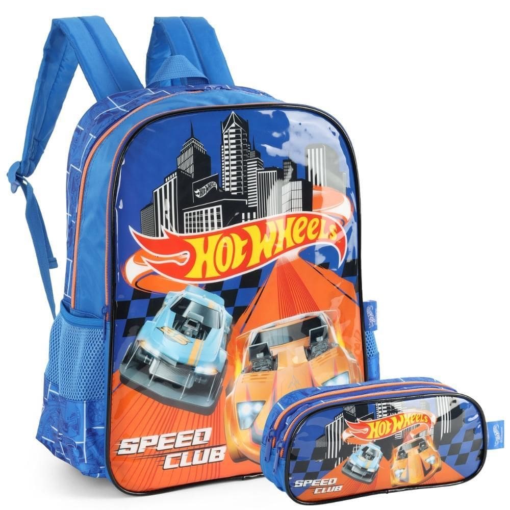 Kit Mochila De Costas E Estojo Hot Wheels Luxcel Azul