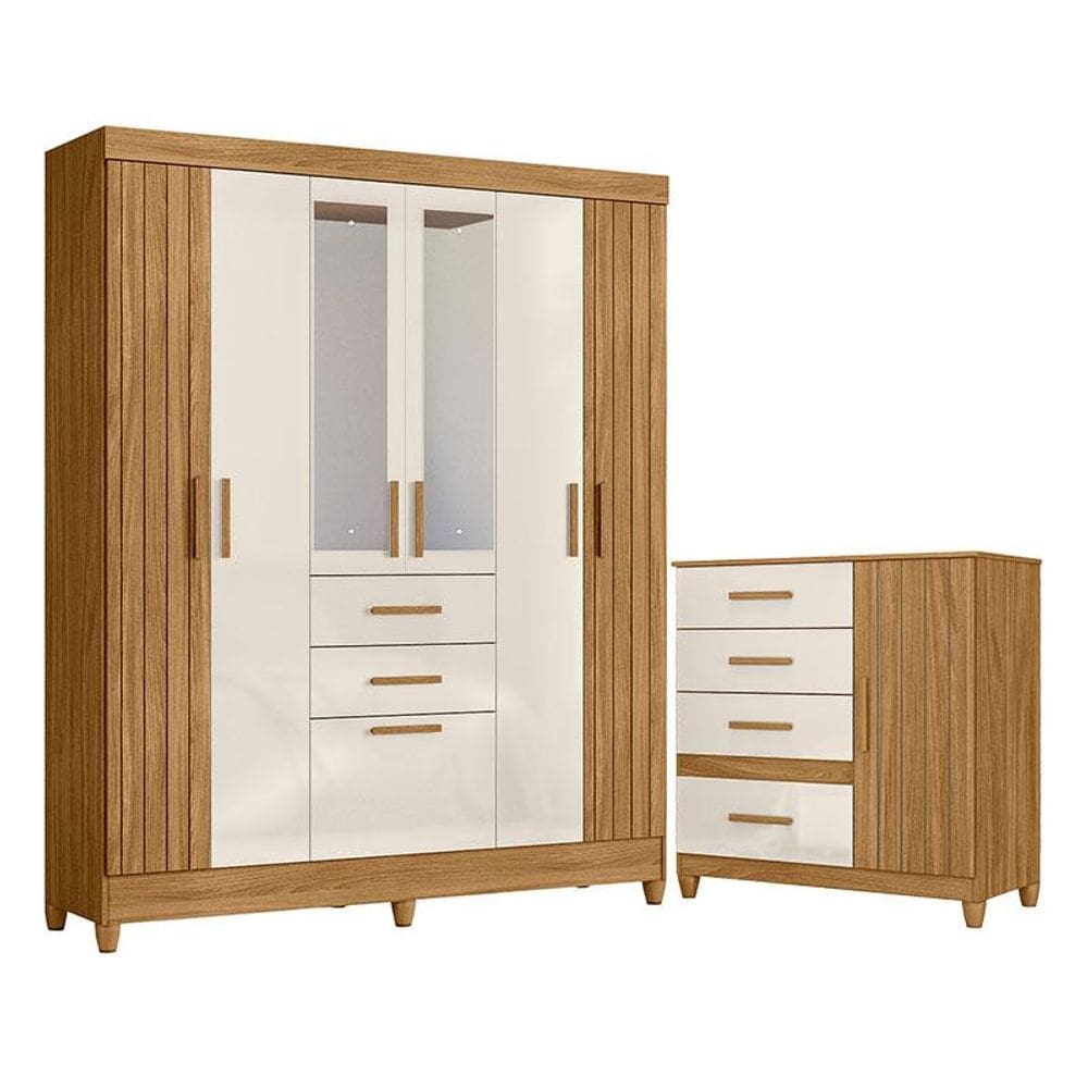 Guarda Roupa Solteiro Malta com Espelho e Cômoda Vênus com Pés Freijó Off White - Moval