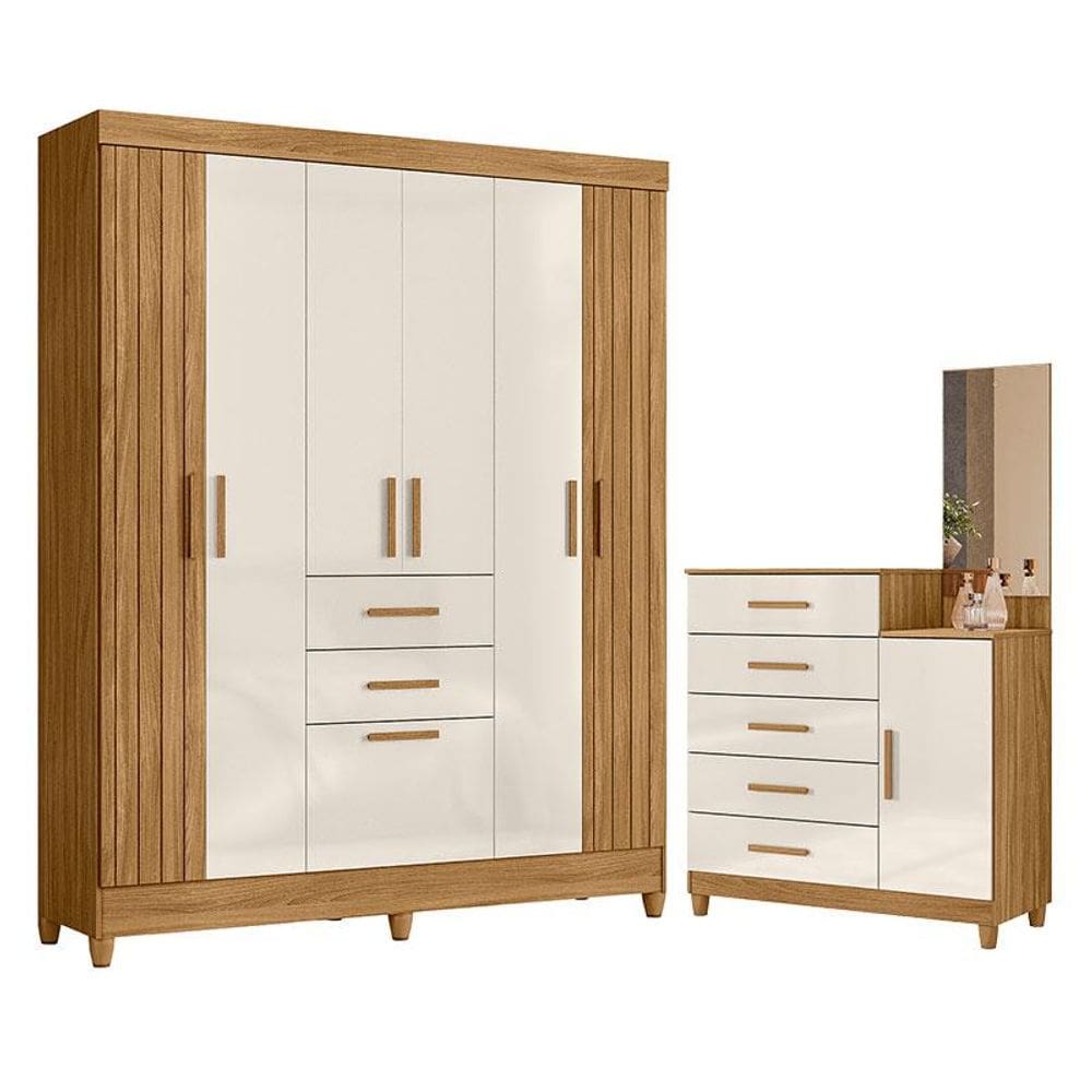 Guarda Roupa Solteiro Malta e Cômoda Lisboa Freijó Off White - Moval