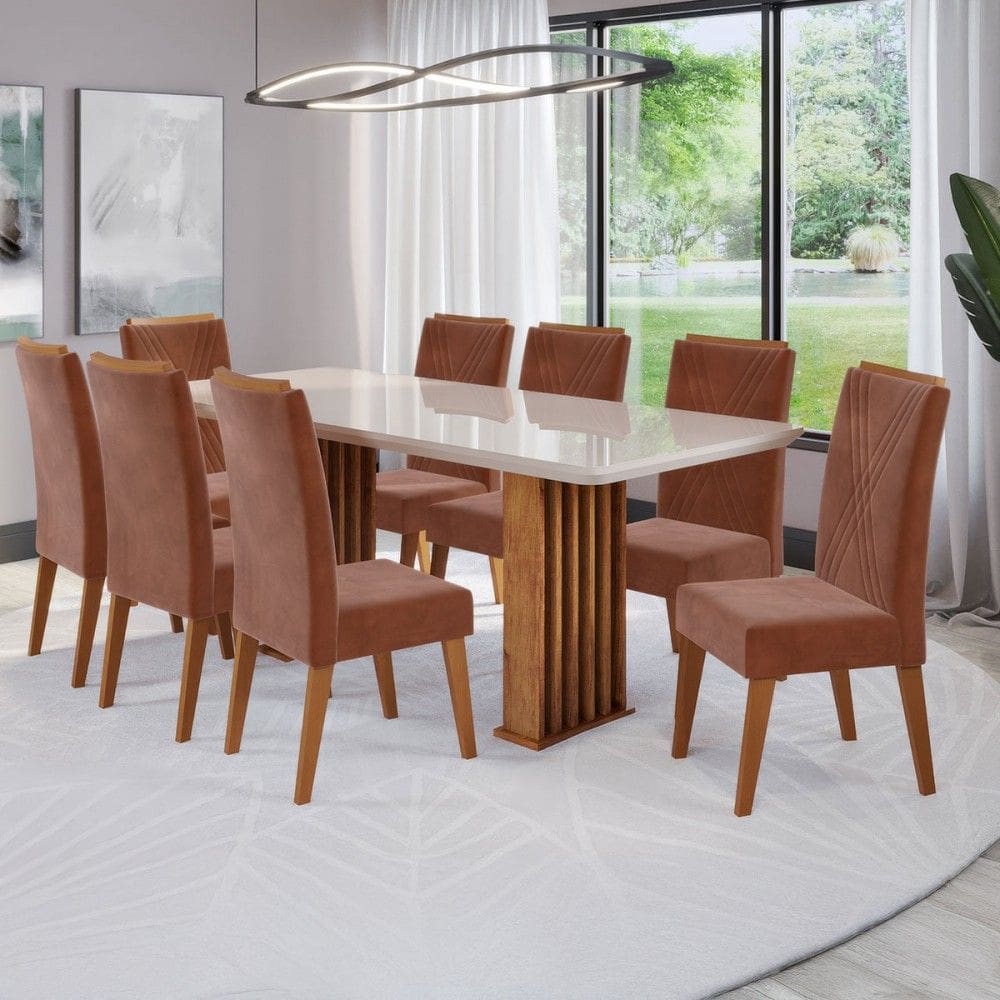 Mesa de Jantar 8 Lugares Exclusive com Vidro Ripado Marrom/Terracota/Off White - Viero Móveis