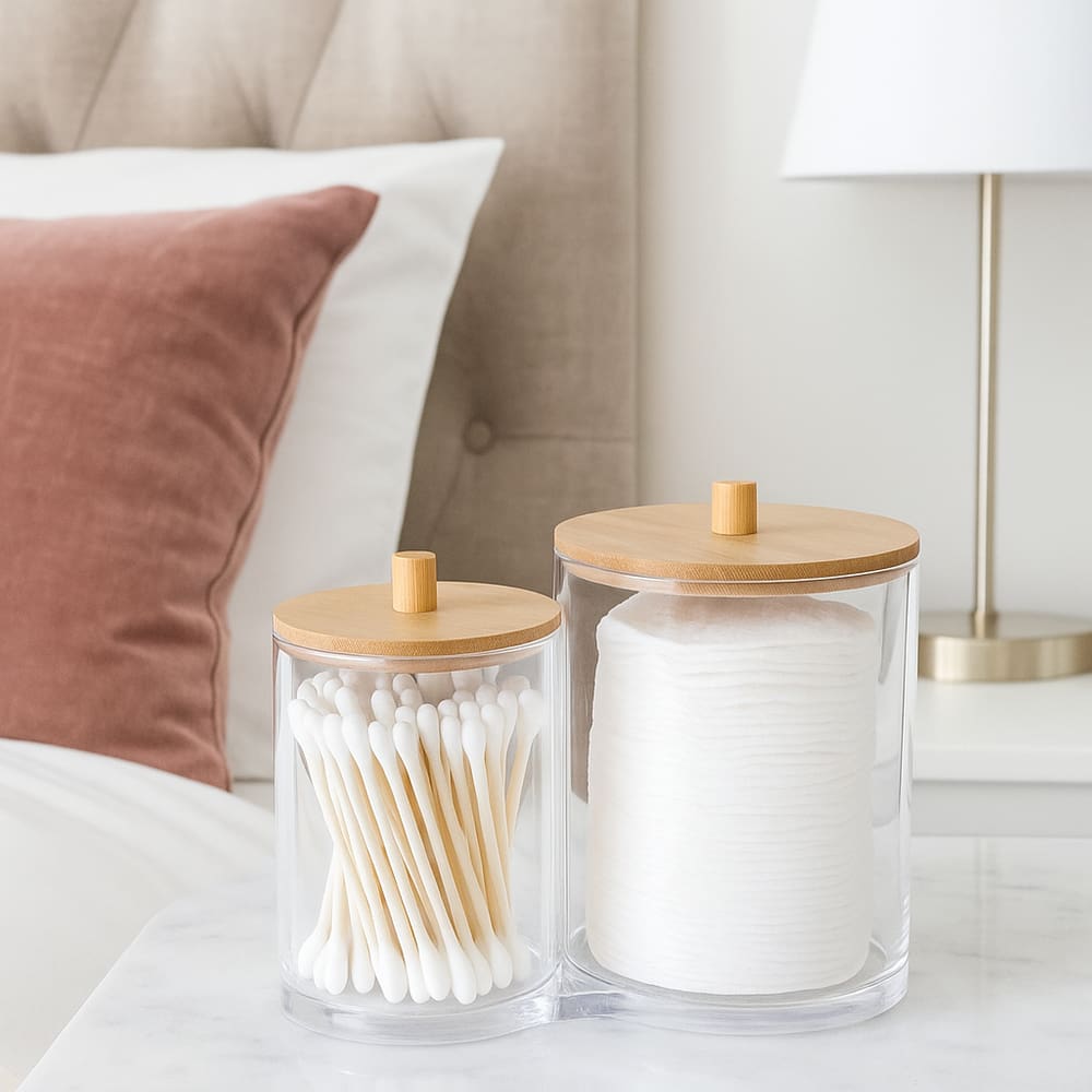 Organizador Acrílico Duplo Porta Algodão e Cotonete com Tampa de Bambu Transparente Maquiagem