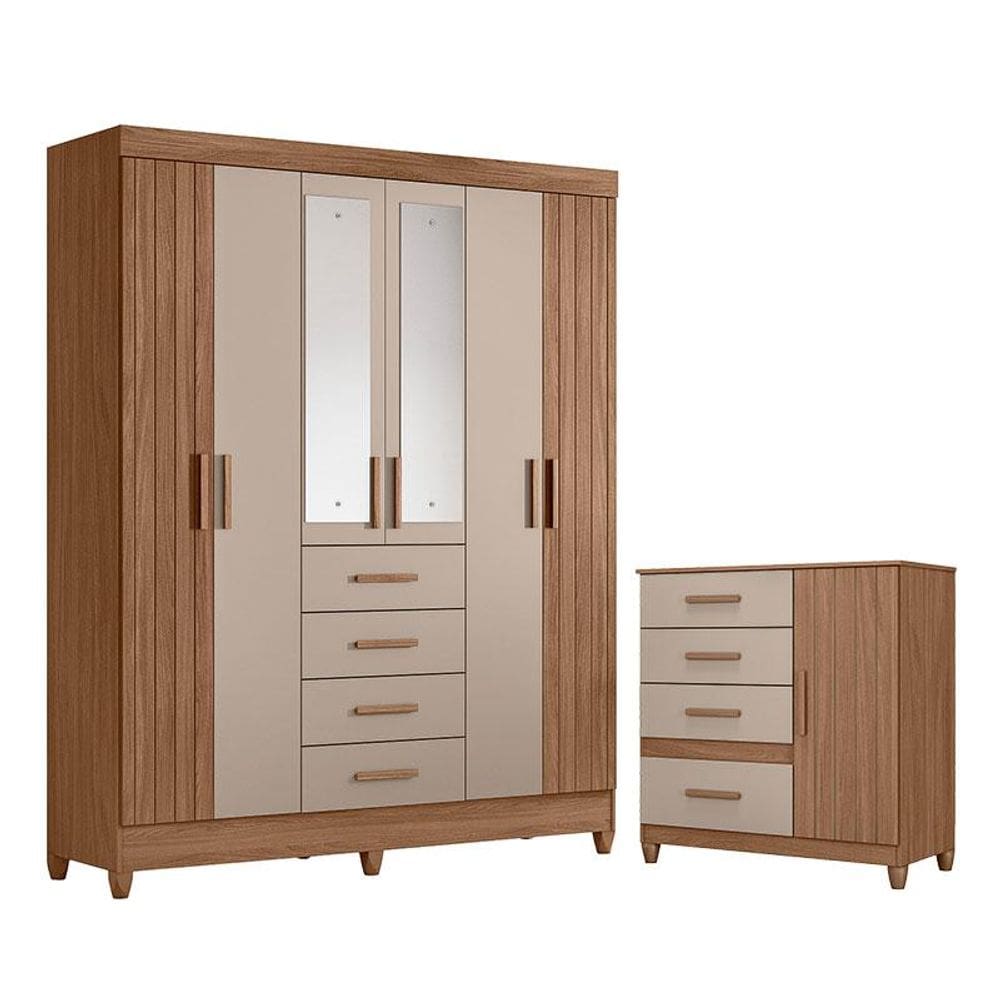 Guarda Roupa Solteiro Aruba com Espelho e Cômoda Vênus com Pés Carvalho Fendi – Moval