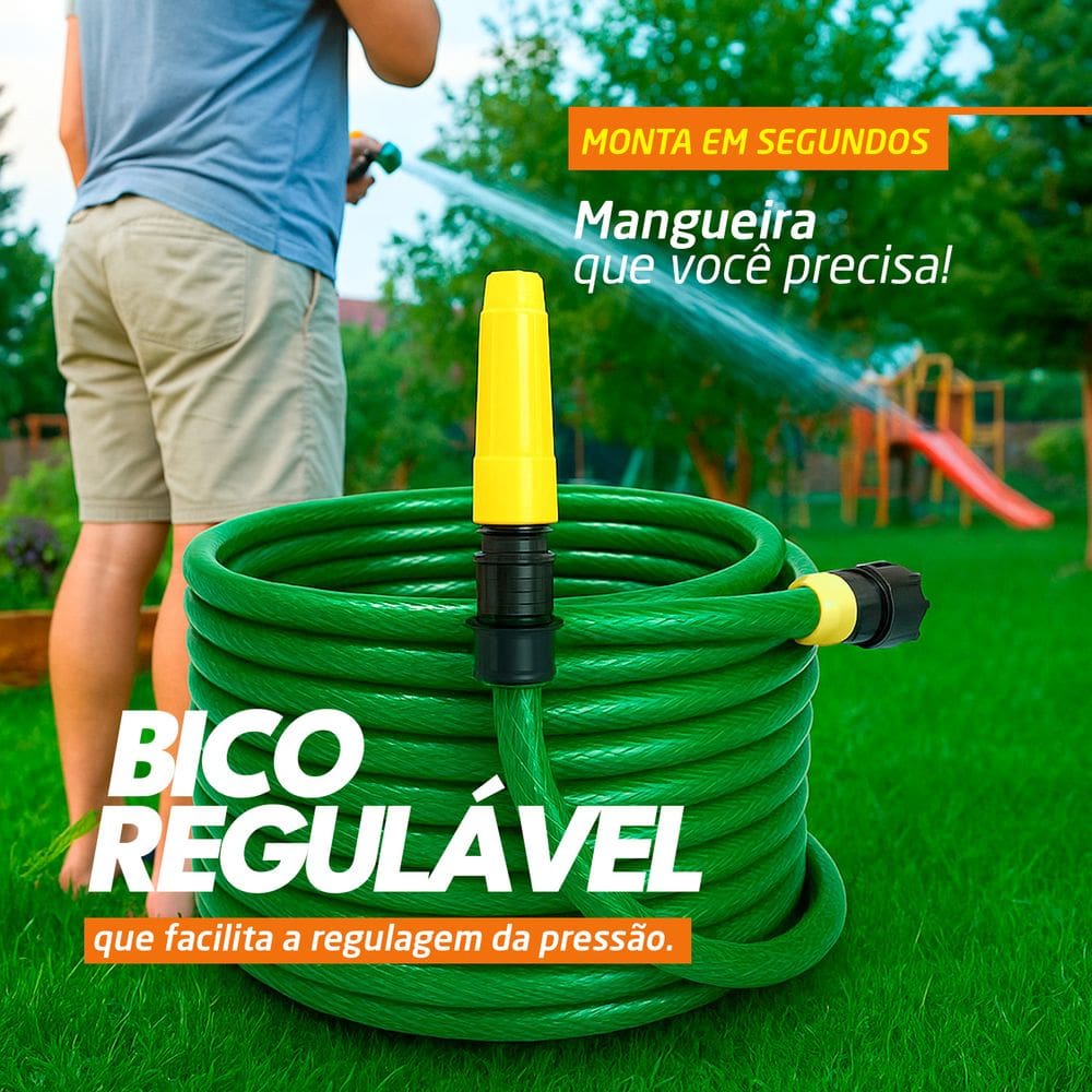Mangueira de Jardim Trançada Reforçada e Montada Pronta Para Uso Verde Com Engate E Esguicho Jardim