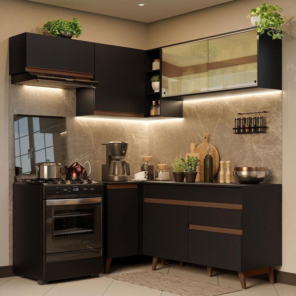 Armário De Cozinha Completa De Canto 332cm Preto 03 Preto
