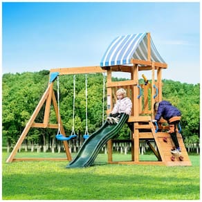 Playground com Parede de Escalada Infantil ROBUD Conjunto de Balanço para Quintal, Brinquedo Infantil em Madeira, com 2 Balanços,