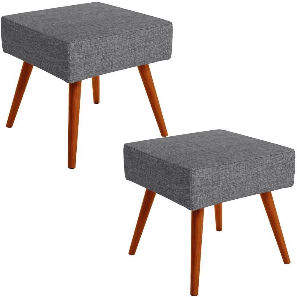 Kit 02 Puffs Banqueta Com Pés Palito Linho Cinza Escuro