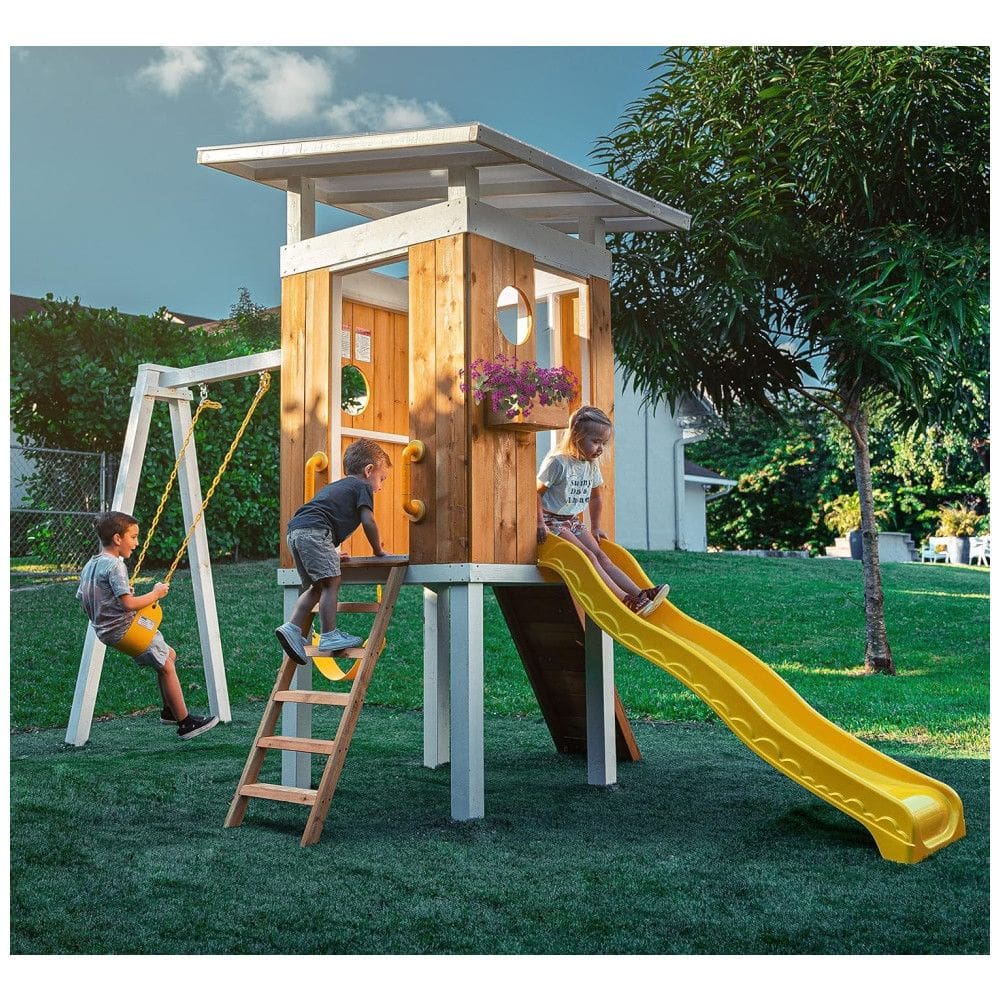 Playground Infantil de Madeira com Escorregador, Balanços, Escada e Parede de Escalada, Avenlur SW001, Amarelo