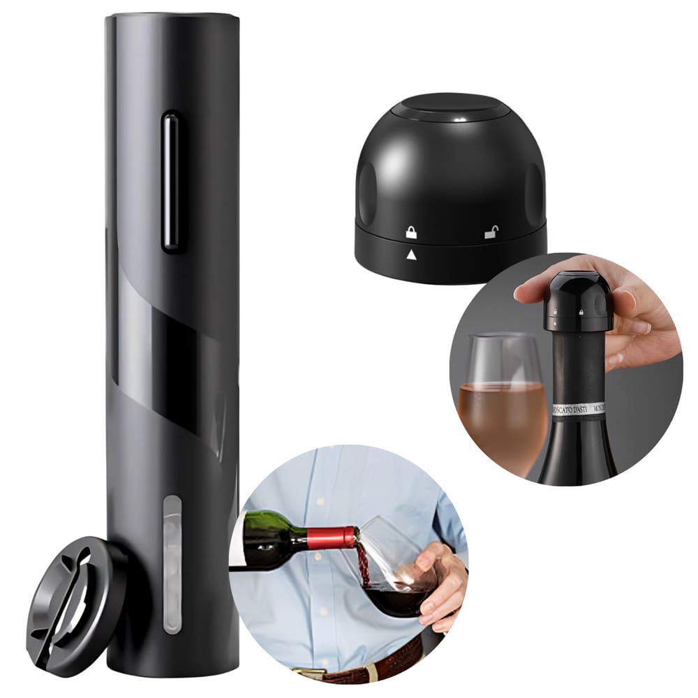 Kit Abridor de Vinho Automático Elétrico com Cortador Lacre e Tampa Pressão a Vácuo