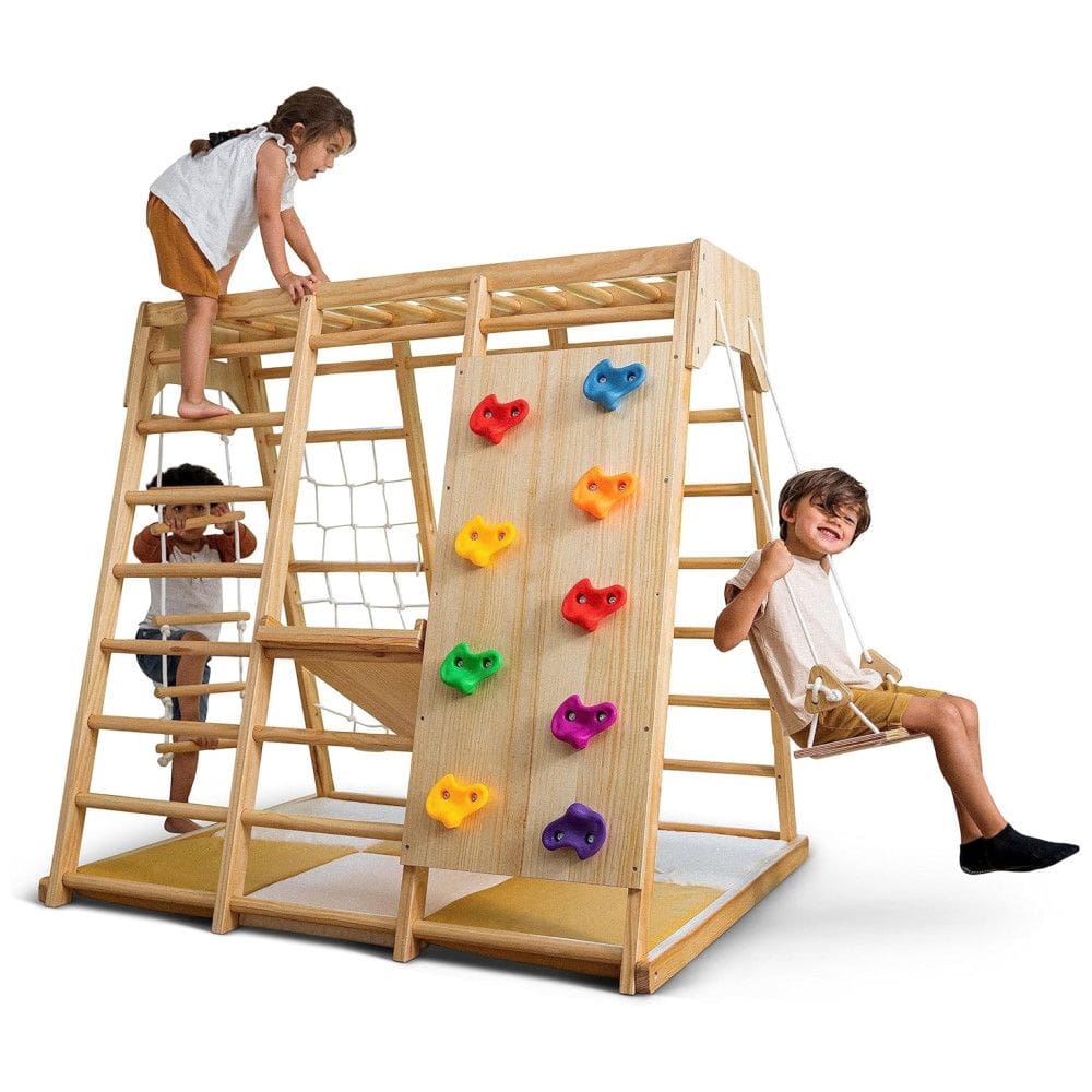 Playground Interno Avenlur Magnolia 6-em-1, Estilo Montessori Waldorf, com Escorregador, Parede de Escalada, Rede, Barra de Macaco e