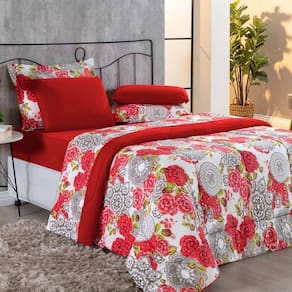 Kit Edredom + Jogo De Lençol Malha 100% Algodão Primavera 6 Peças Casal - Floral Vermelho