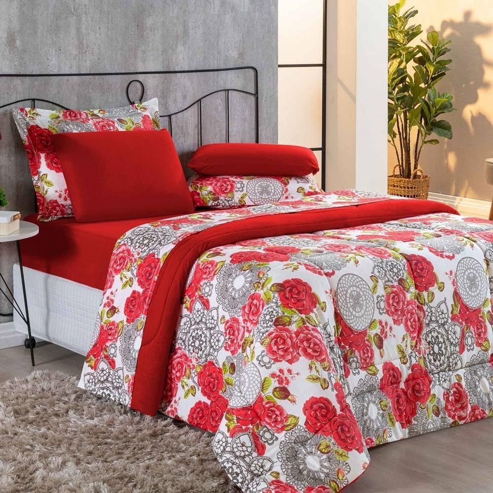 Kit Edredom + Jogo De Lençol Malha 100% Algodão Primavera 7 Peças Queen - Floral Vermelho
