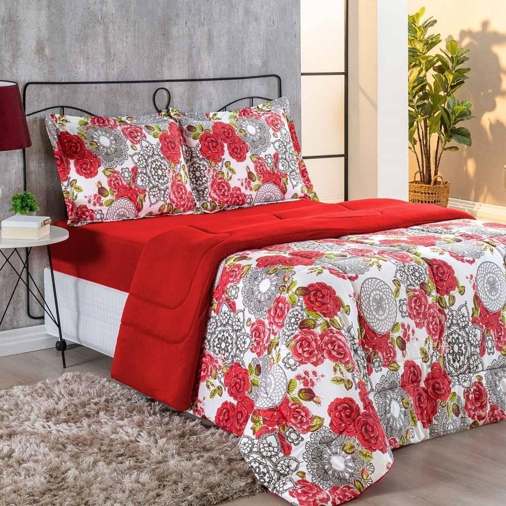 Kit Edredom Malha 100% Algodão Primavera 3 Peças Queen - Floral Vermelho