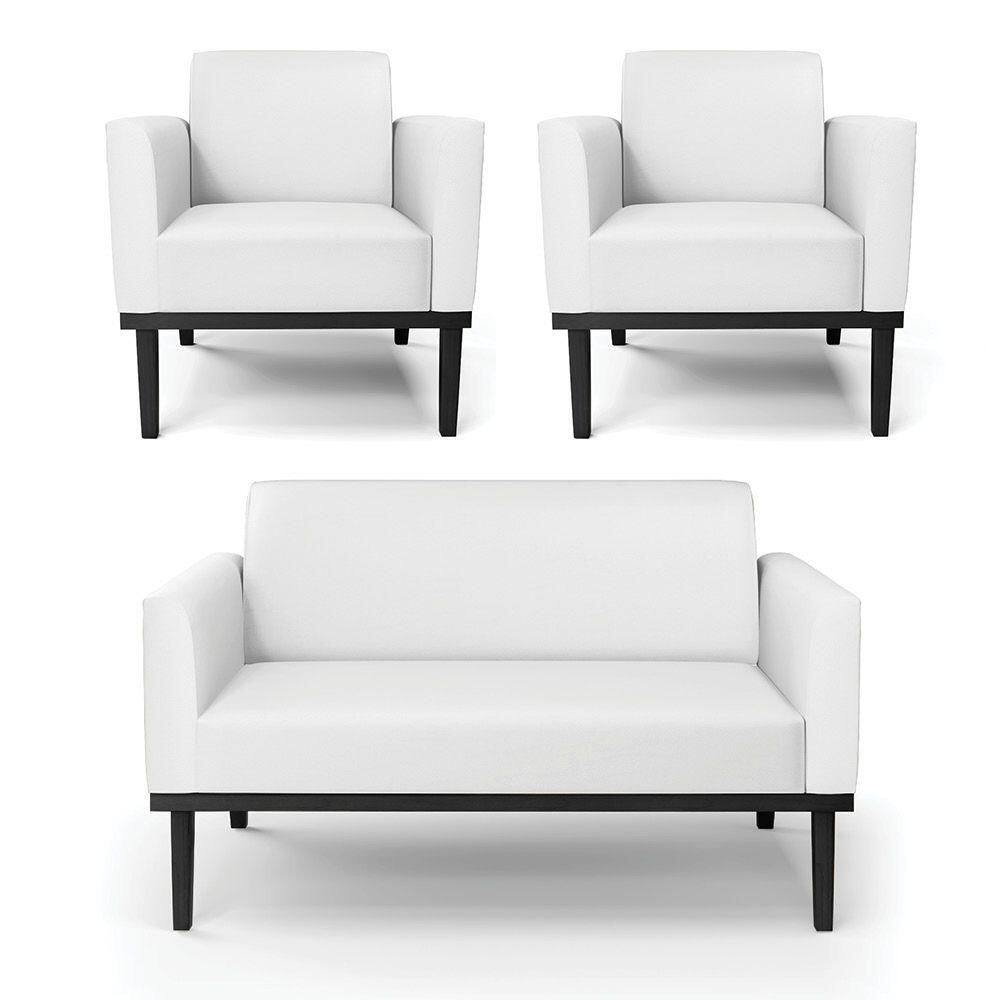 Conjunto 2 Poltronas E 1 Namoradeira Decorativa Pés Fixo Em Madeira Preto Pu Branco
